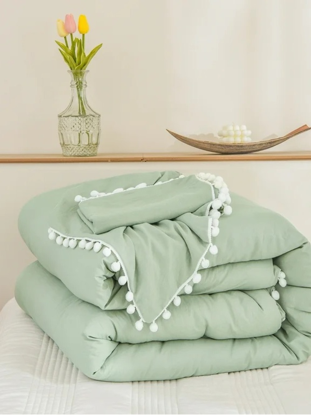 Twin Size Pom Pom Trim Sage Green Duvet Cover Set